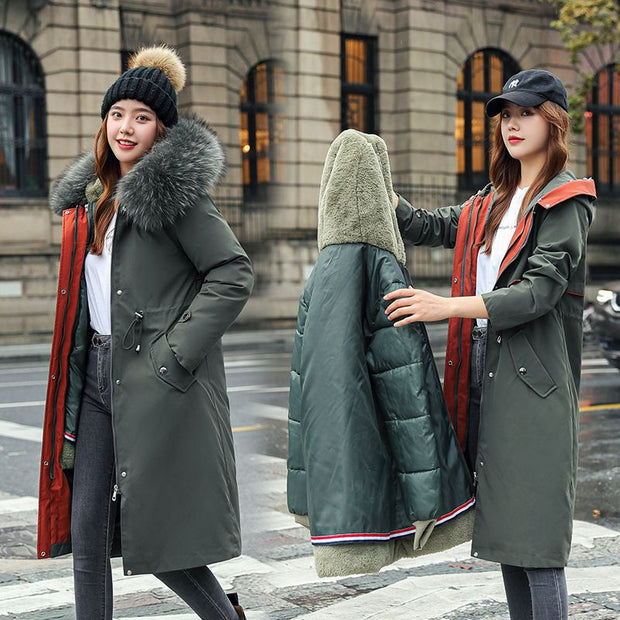 Women's Winter Hooded Furry Collar Casual Parka Coat