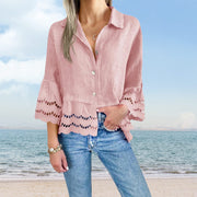 Solid Lapel Flared Sleeve Cutout Hem Blouse