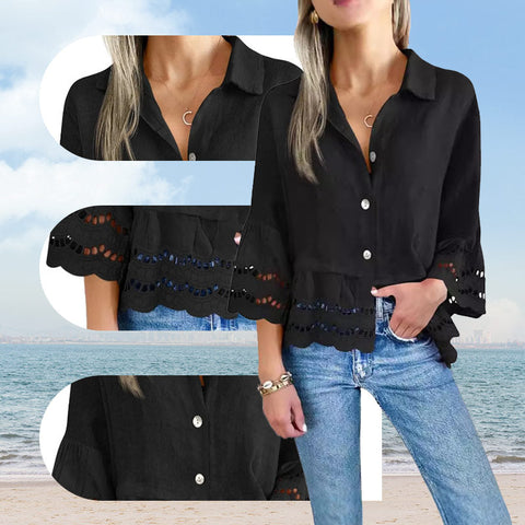 Solid Lapel Flared Sleeve Cutout Hem Blouse