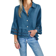 Solid Lapel Flared Sleeve Cutout Hem Blouse