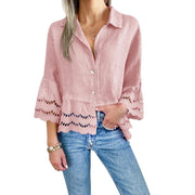 Solid Lapel Flared Sleeve Cutout Hem Blouse