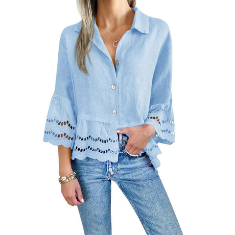 Solid Lapel Flared Sleeve Cutout Hem Blouse