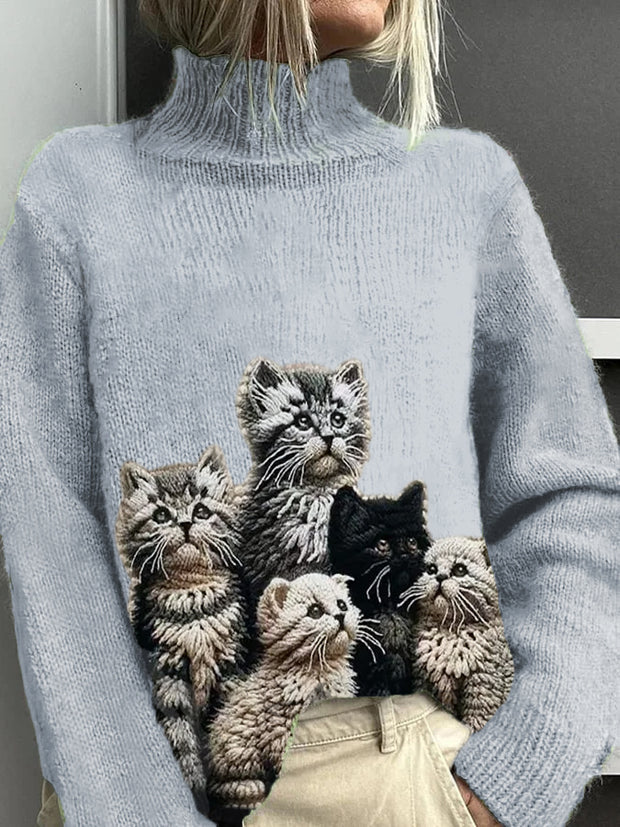 Women's Cat Pattern Warm Casual Turtleneck Sweater