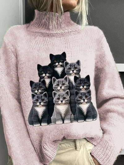 Women's Cat Pattern Warm Casual Turtleneck Sweater