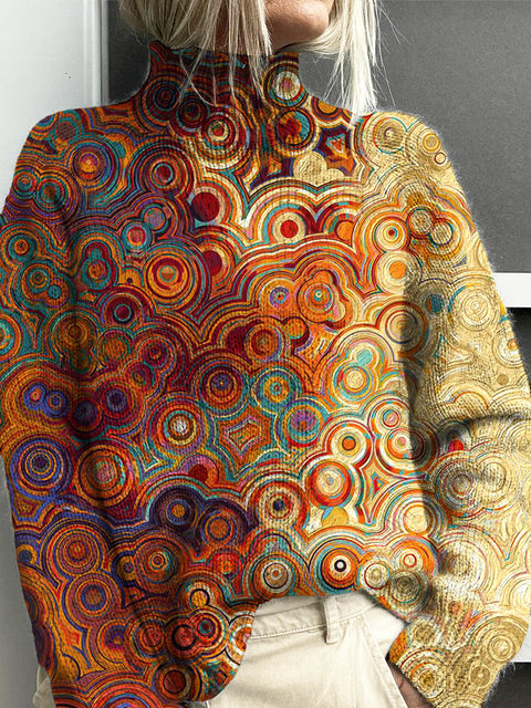 Women's Vintage Abstract Art Print Knit Turtleneck Pullover Sweater