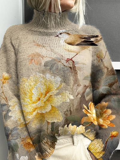 Women's Vintage Lovely Floral Art Print Knit Turtleneck Pullover Sweater