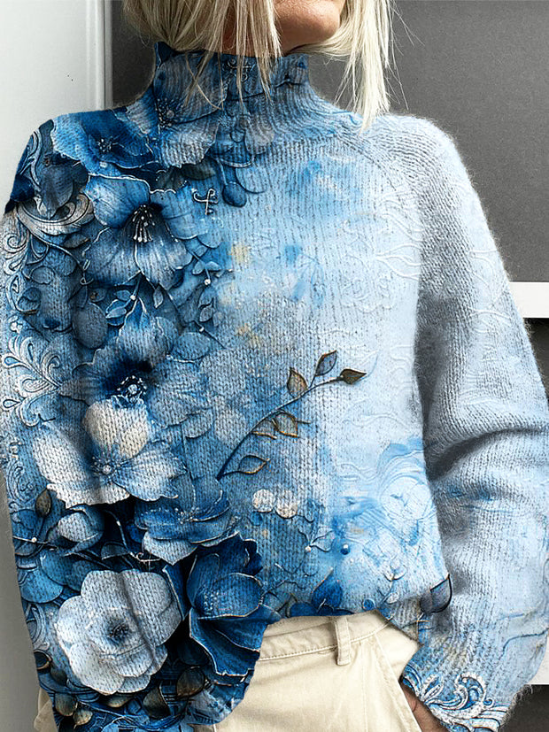 Women's Vintage Lovely Floral Art Print Knit Turtleneck Pullover Sweater