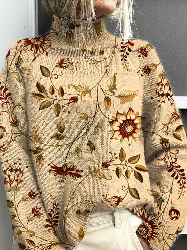 Women's Vintage Floral Art Print Knit Turtleneck Pullover Sweater