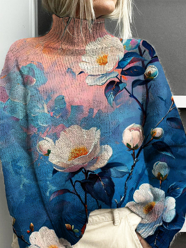 Women's Vintage Lovely Floral Art Print Knit Turtleneck Pullover Sweater