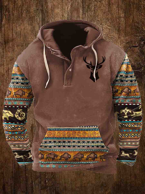 Men's Retro Tribal Pattern And Deer Logo Art Hooded Hoodie