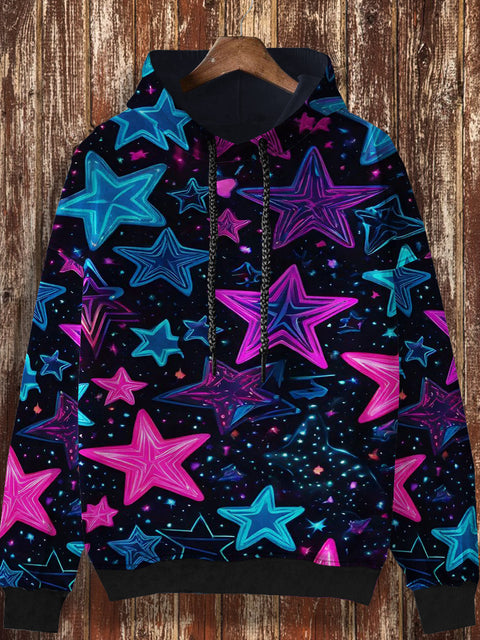 Unisex retro star graffiti print casual loose long sleeved hooded sweatshirt