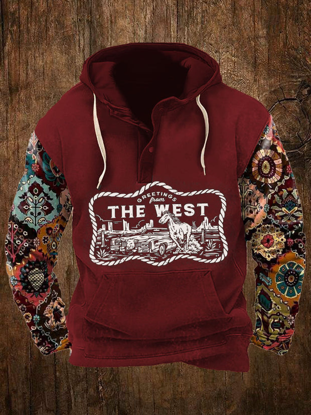 Men's Retro Western Conwboy And Flower Art Hooded Hoodie