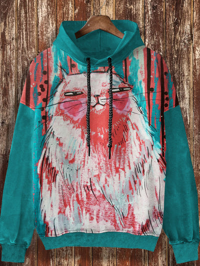 Unisex Christmas retro cartoon graffiti cat print casual loose long sleeved hooded sweatshirt