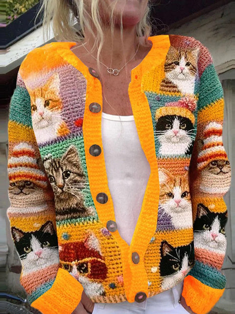 Women's Cat Patchwork Pattern Casual Button Long Sleeve Sweater Cardigan