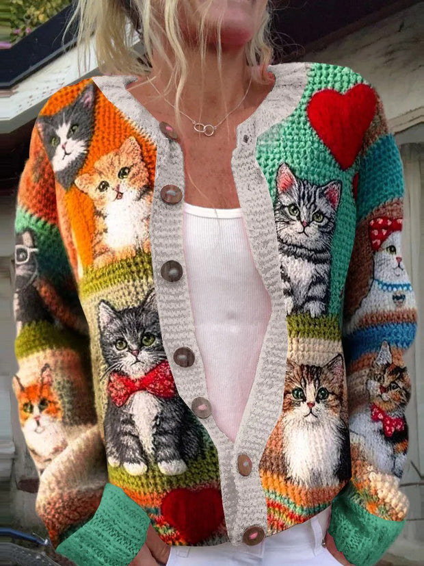 Women's Cat Patchwork Pattern Casual Button Long Sleeve Sweater Cardigan