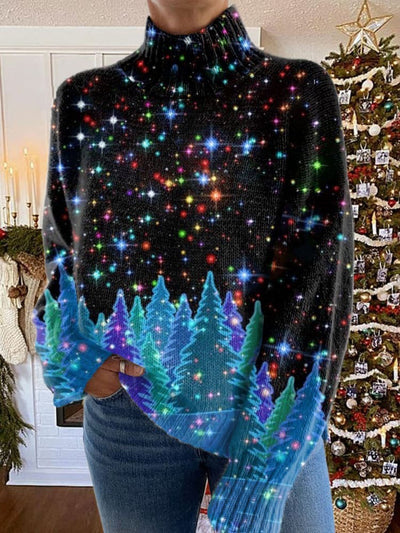 Women's Christmas Tree Glitter Pattern Warm Casual Turtleneck Sweater