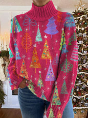 Women's Christmas Tree Pattern Warm Casual Turtleneck Sweater