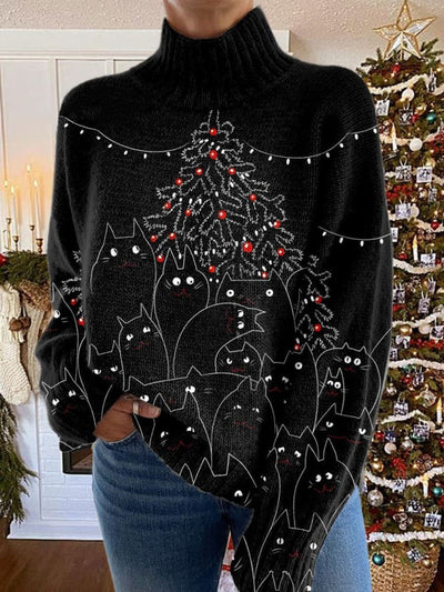 Women's Christmas Tree Cat Pattern Warm Casual Turtleneck Sweater