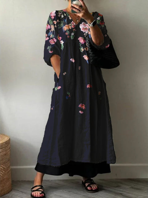 Women's Fashion Elegant Art Floral Print V-Neck Three-Quarter Sleeve Long Dress