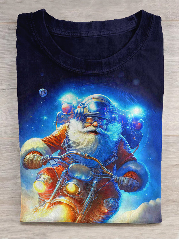 Santa Claus Art Print Round Neck Short Sleeve Casual T-shirt