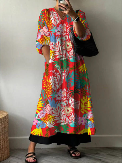 Women's Fashion Elegant Art Floral Print V-Neck Three-Quarter Sleeve Long Dress