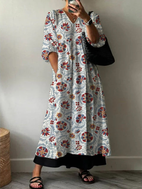 Women's Fashion Elegant Art Floral Print V-Neck Three-Quarter Sleeve Long Dress