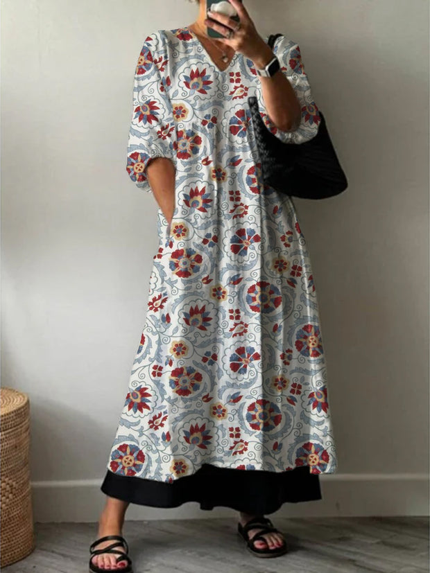 Women's Fashion Elegant Art Floral Print V-Neck Three-Quarter Sleeve Long Dress