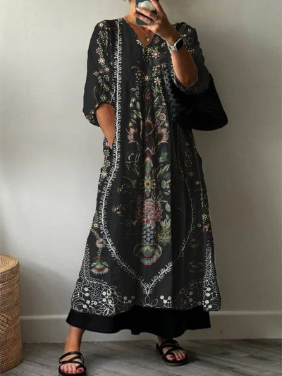 Women's Fashion Elegant Art Print V-Neck Three-Quarter Sleeve Long Dress