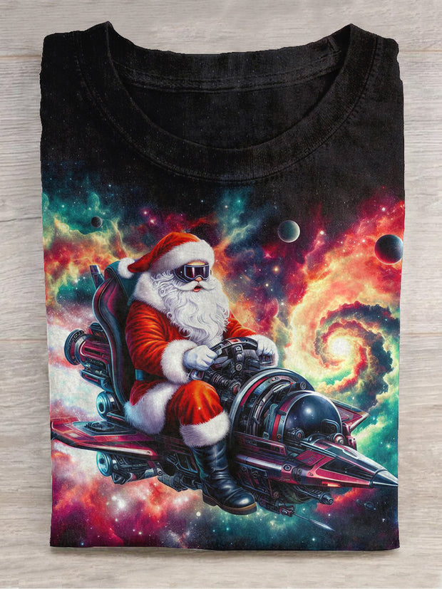 Santa Claus Art Print Round Neck Short Sleeve Casual T-shirt