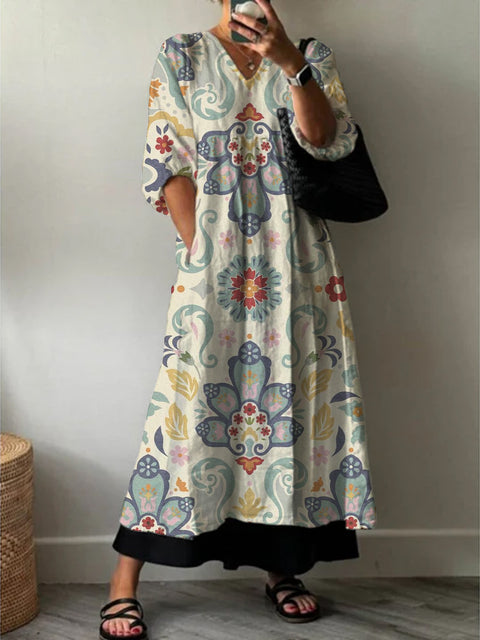 Women's Fashion Elegant Art Floral Print V-Neck Three-Quarter Sleeve Long Dress