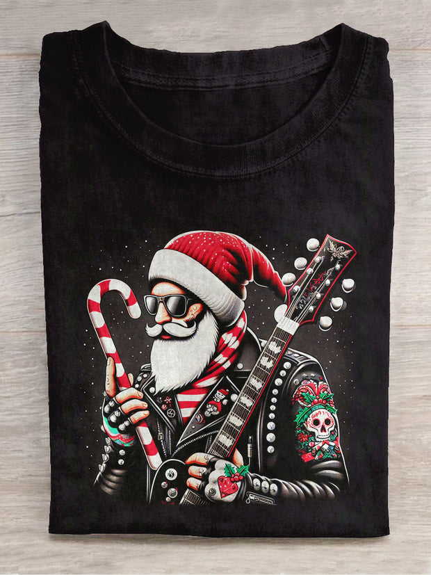 Santa Claus Art Print Round Neck Short Sleeve Casual T-shirt