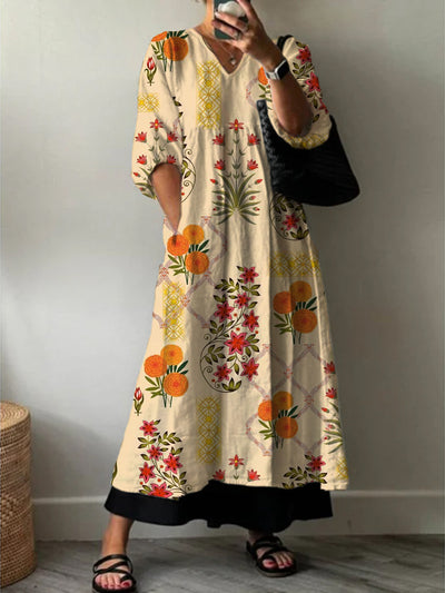 Women's Fashion Elegant Art Floral Print V-Neck Three-Quarter Sleeve Long Dress