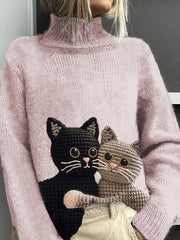 Women's Cat Pattern Warm Casual Turtleneck Sweater