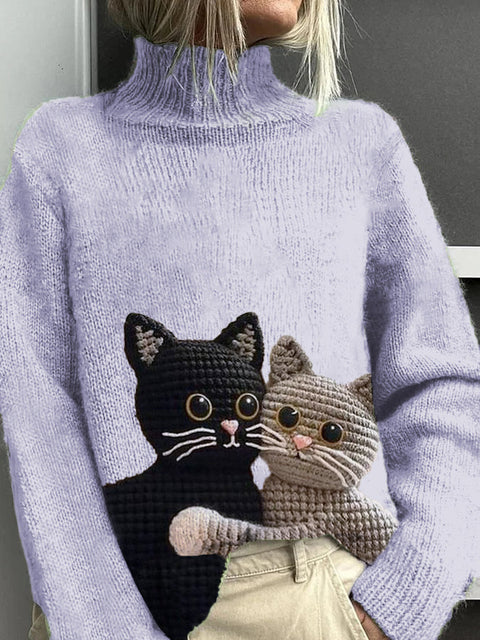 Women's Cat Pattern Warm Casual Turtleneck Sweater