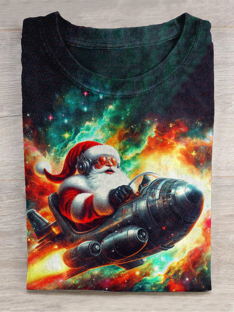 Santa Claus Art Print Round Neck Short Sleeve Casual T-shirt