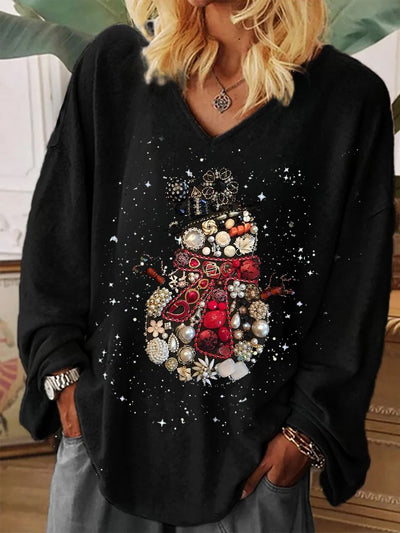 Retro Christmas Crystal Christmas Snowman Print Fashionable V-Neck Pullover Long-Sleeved Top