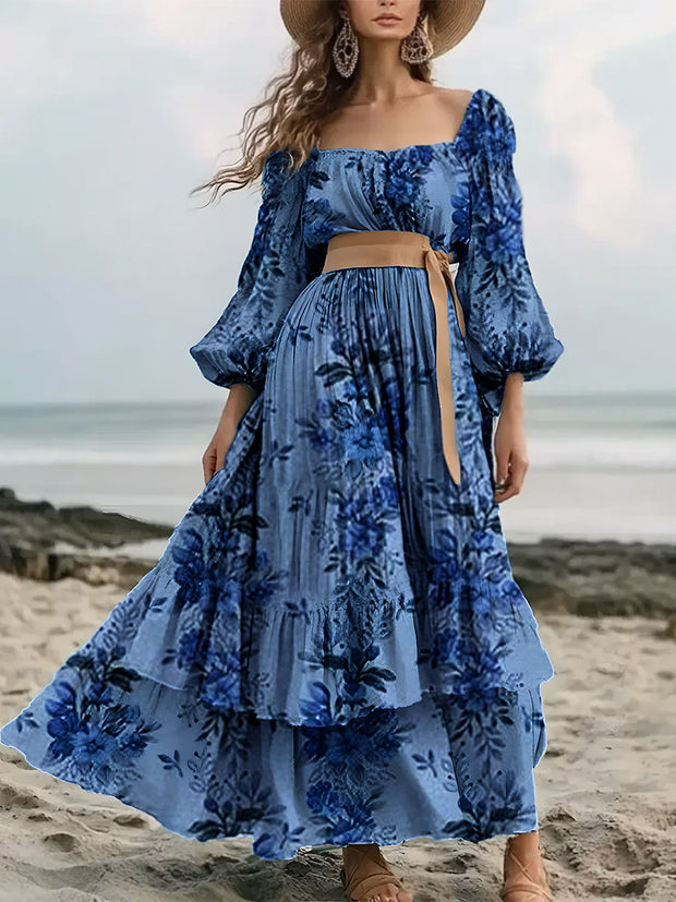 Retro Floral Art Print Elegant And Chic Loose Long-Sleeved Mid-Length Dress