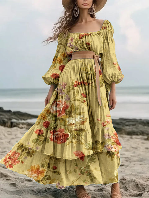 Retro Floral Art Print Elegant And Chic Loose Long-Sleeved Mid-Length Dress