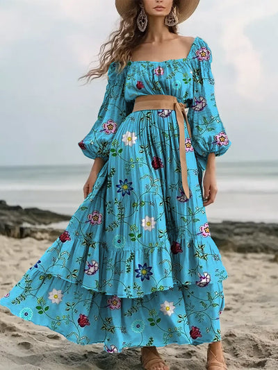 Retro Floral Art Print Elegant And Chic Loose Long-Sleeved Mid-Length Dress