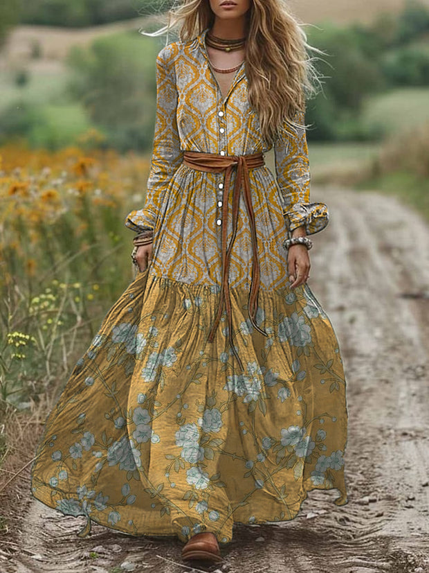 Retro Boho Floral Art Print Vintage Chic V-Neck Button Belt Long Sleeve Midi Dress