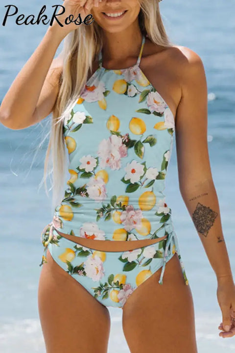 Spring Floral Lemon Print Halter Swimsuit