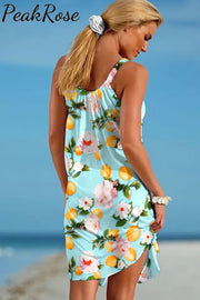 Spring Floral Lemon Print Sleeveless Dress