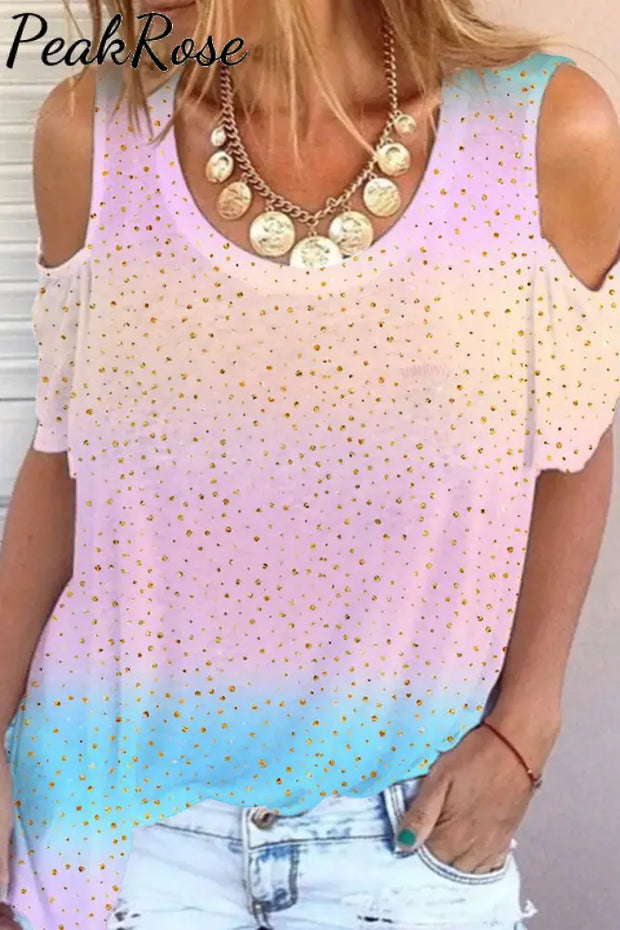 Spring/Summer Cute Pink Blue Ombre Glitter Cold Shoulder T-Shirt T-Shirt