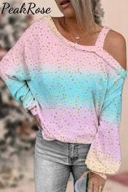 Spring/Summer Cute Pink Blue Ombre Glitter Off Shoulder Blouse