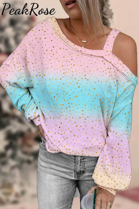 Spring/Summer Cute Pink Blue Ombre Glitter Off Shoulder Blouse