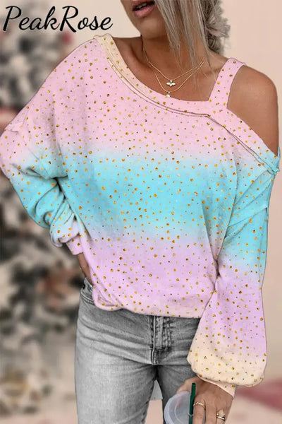 Spring/Summer Cute Pink Blue Ombre Glitter Off Shoulder Blouse S /