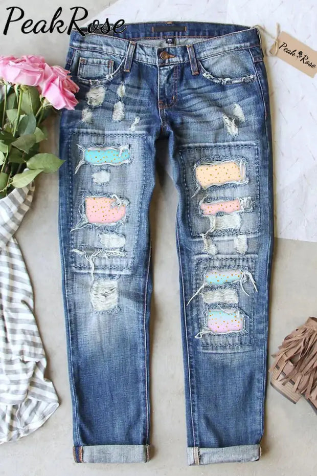 Spring/Summer Cute Pink Blue Ombre Glitter Ripped Denim Jeans