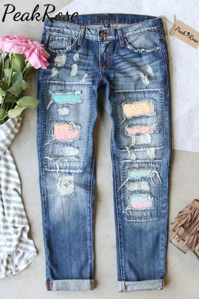 Spring/Summer Cute Pink Blue Ombre Glitter Ripped Denim Jeans S