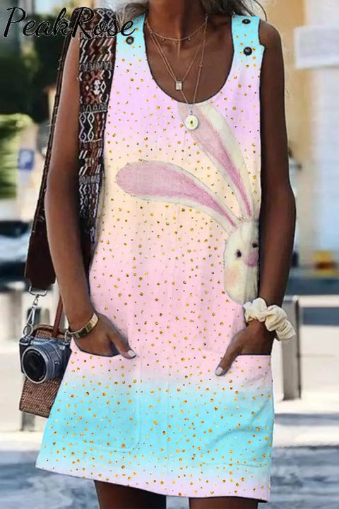 Spring/Summer Cute Pink Blue Ombre Glitter Tank Dress With Pockets