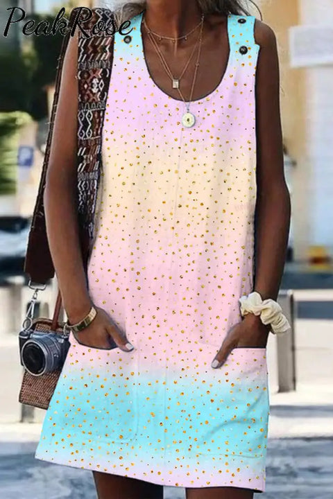 Spring/Summer Cute Pink Blue Ombre Glitter Tank Dress With Pockets S /